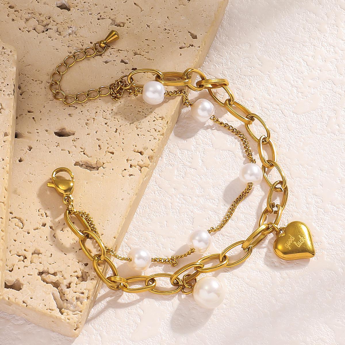 

Трендовый двухслойный браслет с персиковым сердцем и жемчугом из нержавеющей стали