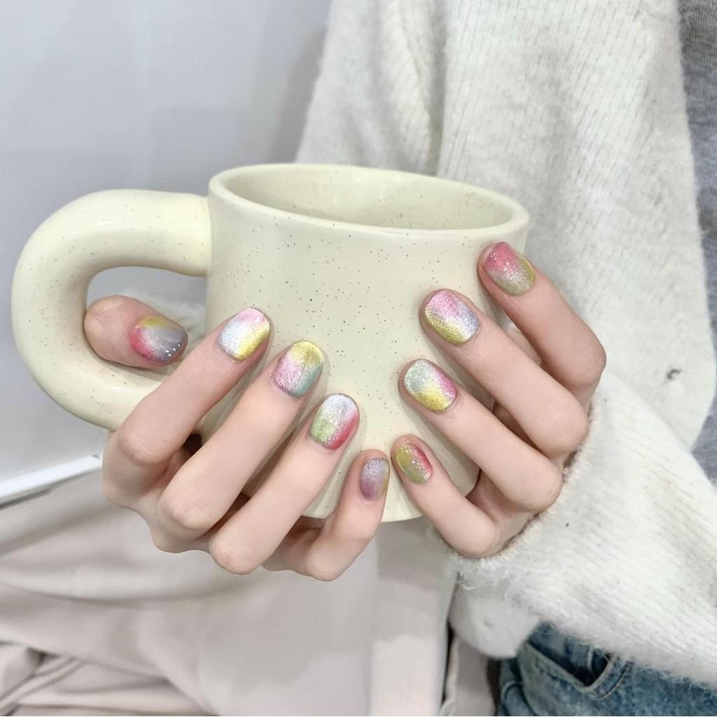 HANDMADE Artificial Nail Candy Rainbow Glass Beads Cat Eye Short Style Fake Nail Set With Glue Reusable and Removable Press On Nails