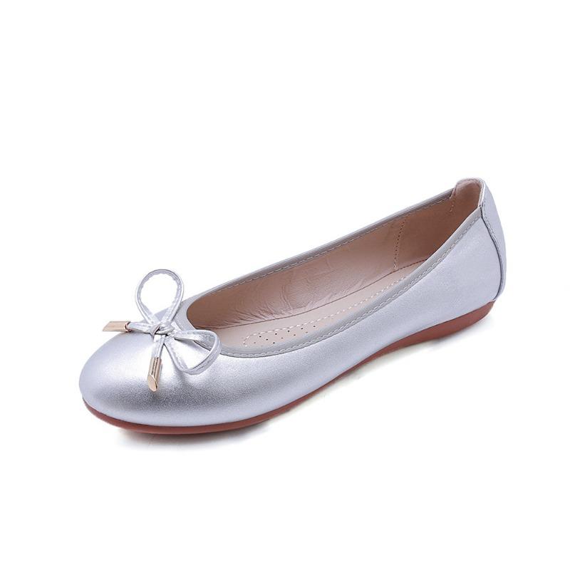 

Women s Round Toe Ballet Flats with Bow Decor Soft Leather Slip-on Casual Shoes 43 срібний
