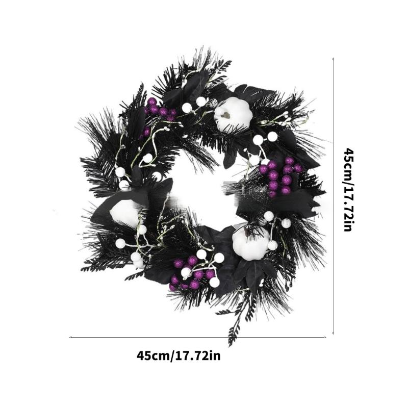 Halloween Door Wreath Gothic Garlands White Pumpkins Front Door Wreath for Indoor Outdoor Holiday Party Decoration