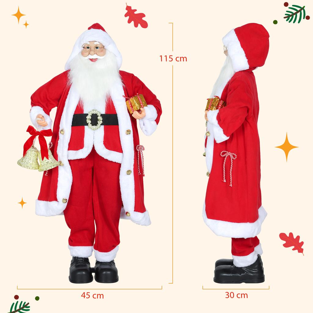 Standing Santa Claus, 1.15 m, with Gift and Christmas Bell, Indoor, Red
