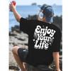 Men's Navy Blue Motivational "Enjoy Your Life" Back Print T-Shirt - Breathable Round Neck Short Sleeve Gym & Streetwear Top with Lettering