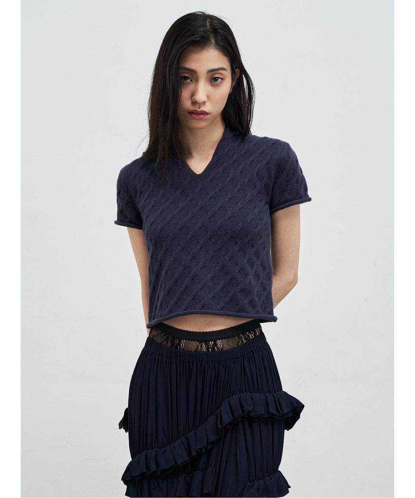 Anggae Cable Slit Neck Shortsleeve Pullover Navy