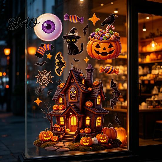 Spooky Theme Party Supplies Halloween Static Window Clings, Glass Stickers with Ghost Cat Bat Shop Displays Patterns, Reusable Holiday Decals