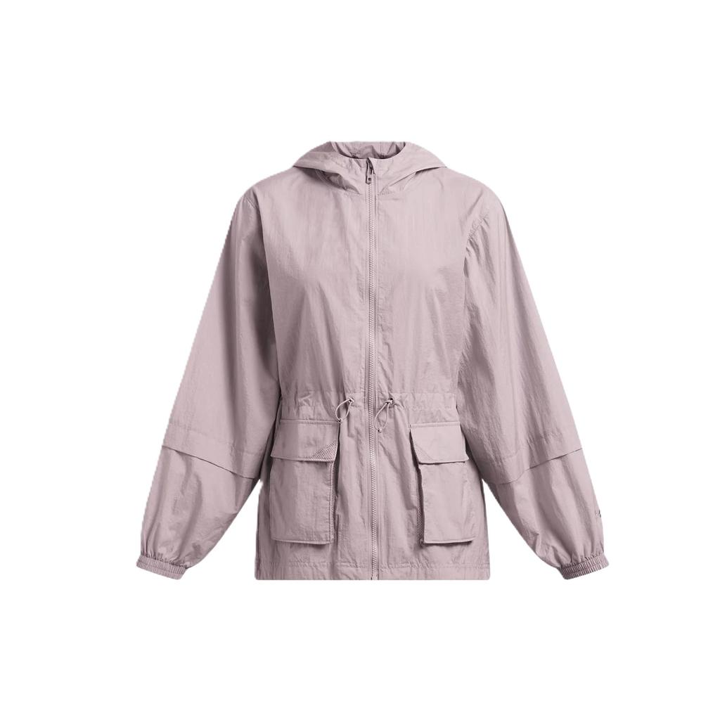 Under Armour Solid Color Pleated Woven Hooded Zip Work Jacket Women jackets Fatigue-Gray 1386455-015