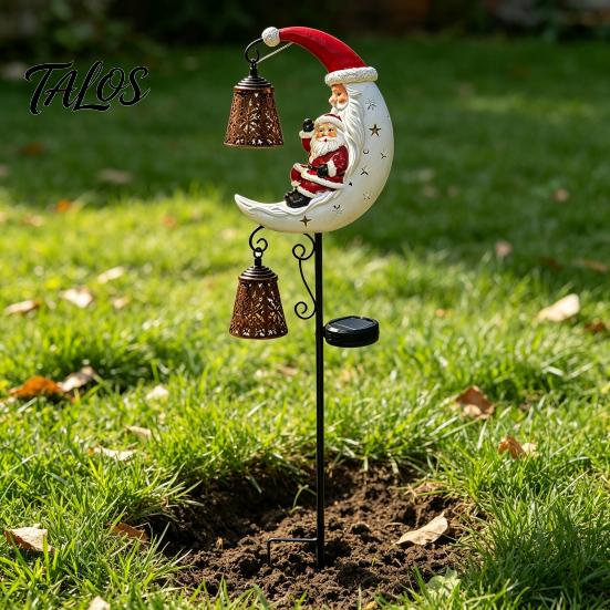 Weather Resistant Garden Path Lights Christmas Solar Stake Light, 3D Resin Santa Snowman Statue Yard Lawn Decor Crescent Moon LED Pathway Light