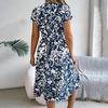 Knielang Damen V-Ausschnitt Sommer Modekleid Falten Print Gürtel