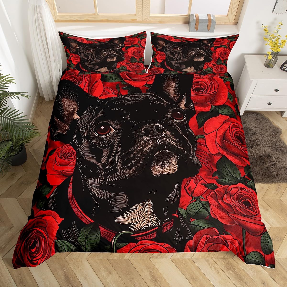 

Pet Dog Duvet Cover for Kids Teen Boys Lovely Animal Theme Bedding Set Full Cute Pug Dog Print Comforter Cover with 2 Pillowcase EU Single(135x200cm)