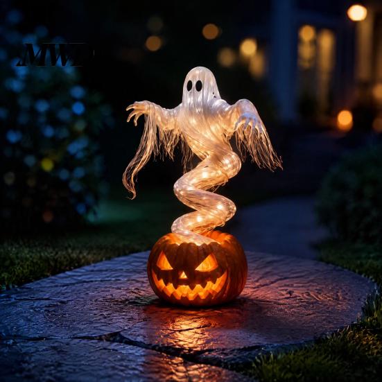 Autumn Yard Decor Halloween Swirling Ghost Pumpkin Lamp, Lighted Spooky Decorative Sculptures Statue, Warm LED Outdoor Decoration for Porch