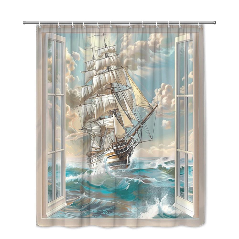 Sailing Ship Window View Shower Curtain Ocean Waves And Sky Scene Waterproof Easy To Install Enhance Your Space Non-Toxic