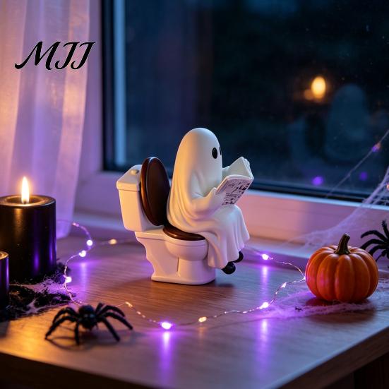 Ghost Reading on Toilet Cute Halloween Figurine, Resin Statue, Spooky Table Decor Funny Ornament for Tiered Tray Tabletop Mantel Gift