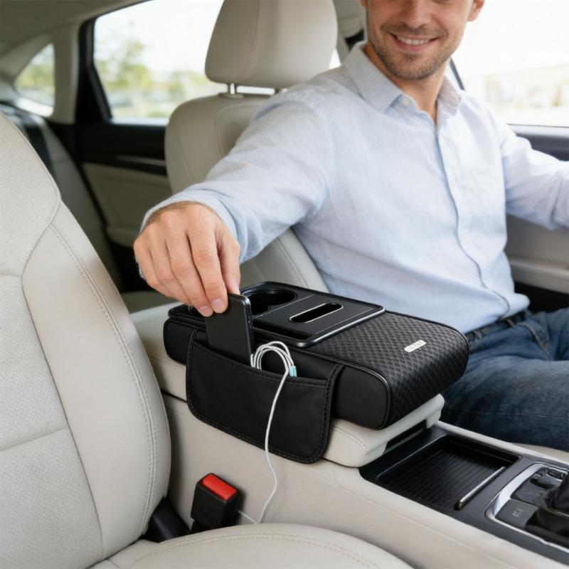 Car Armrest Cover Featuring Installation Elastic Straps No Removal Needed for Secure Fit in Vehicles