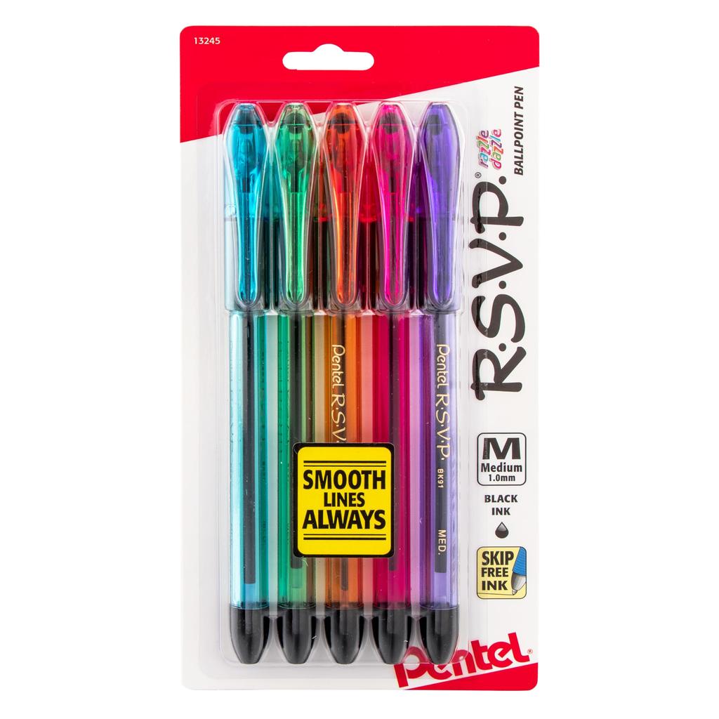 Pentel Colorful Ballpoint Medium Black R.S.V.P. Pens, Nib, Ink, 5-Pack (BK91RDBP5M)