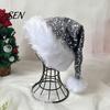 Santa Hat Christmas Sparkly for Women Men, Glitter Sequin with White Fluffy Trim Festive Costume Accessories Cosplay And Pom Pom, Holiday Party Bling