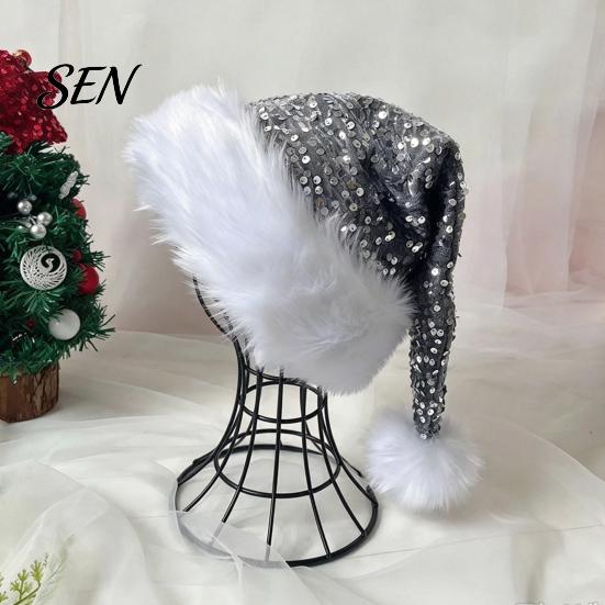 Santa Hat Christmas Sparkly for Women Men, Glitter Sequin with White Fluffy Trim Festive Costume Accessories Cosplay And Pom Pom, Holiday Party Bling