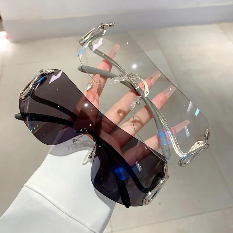Rimless Luxury Brand Designer One Piece Sunglasses Women For Men Popular Sun Glasses Diamond Pink Punk Silver Snake Shades