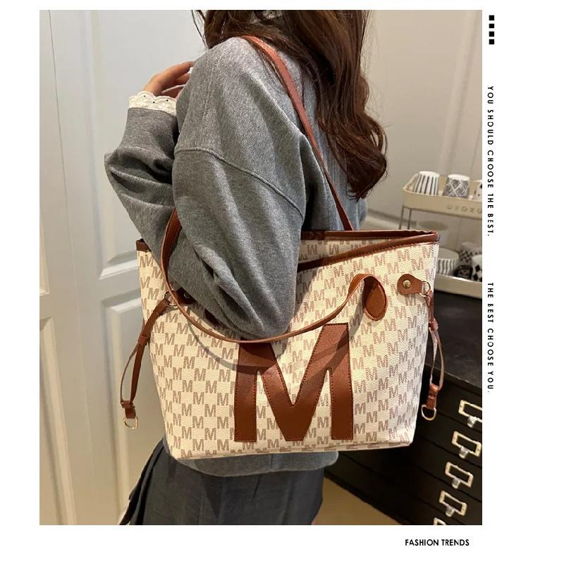 Monogrammed Tote Bag & Mini Bag Set Stylish Purses with Logo Accents Large Capacity Handbags Shoulder Bag for Women's Daily Use