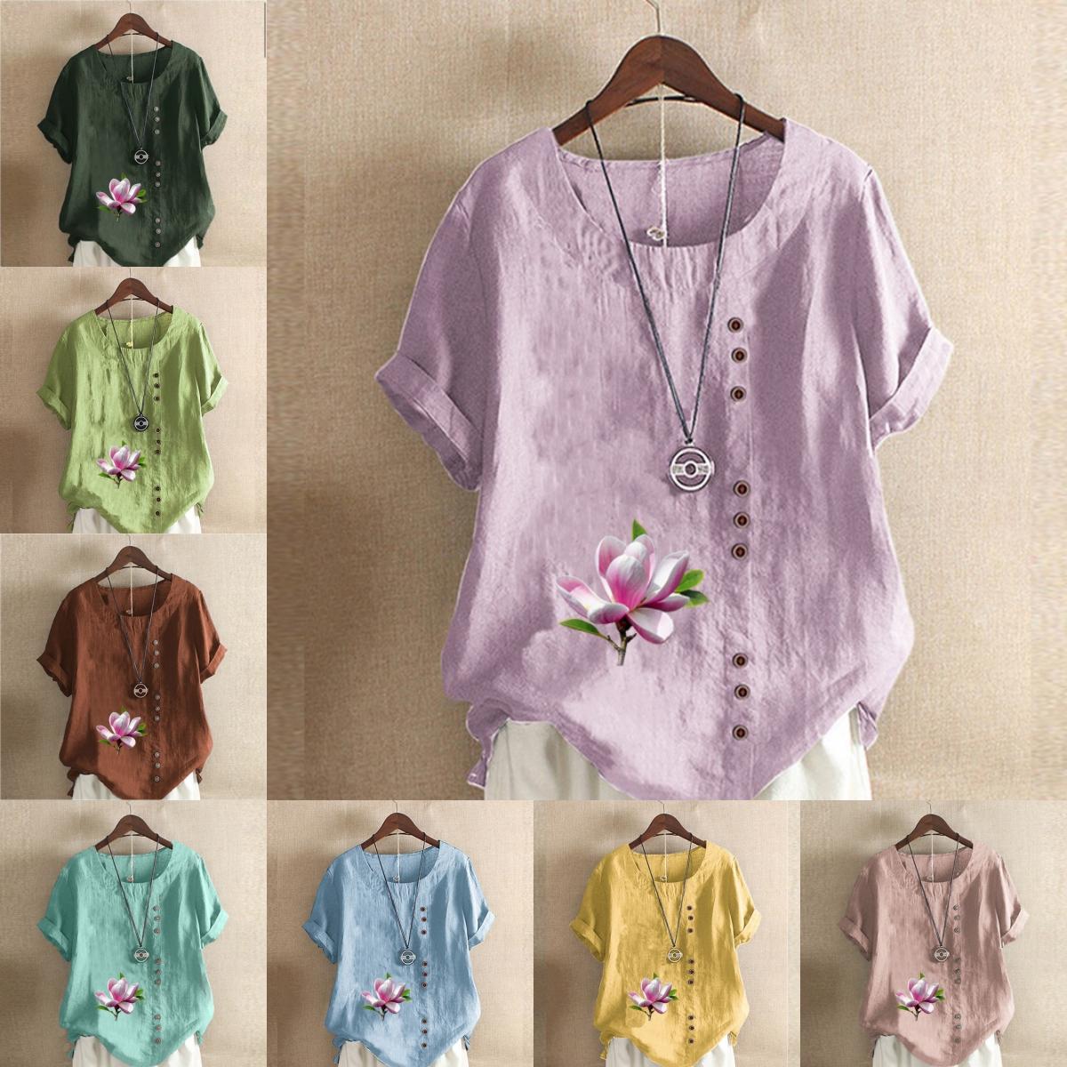 

Жіноча модна футболка з короткими рукавами з принтом у квіти Вільна бавовняна сорочка повсякденна вільна літня блуза Топи S рожевий