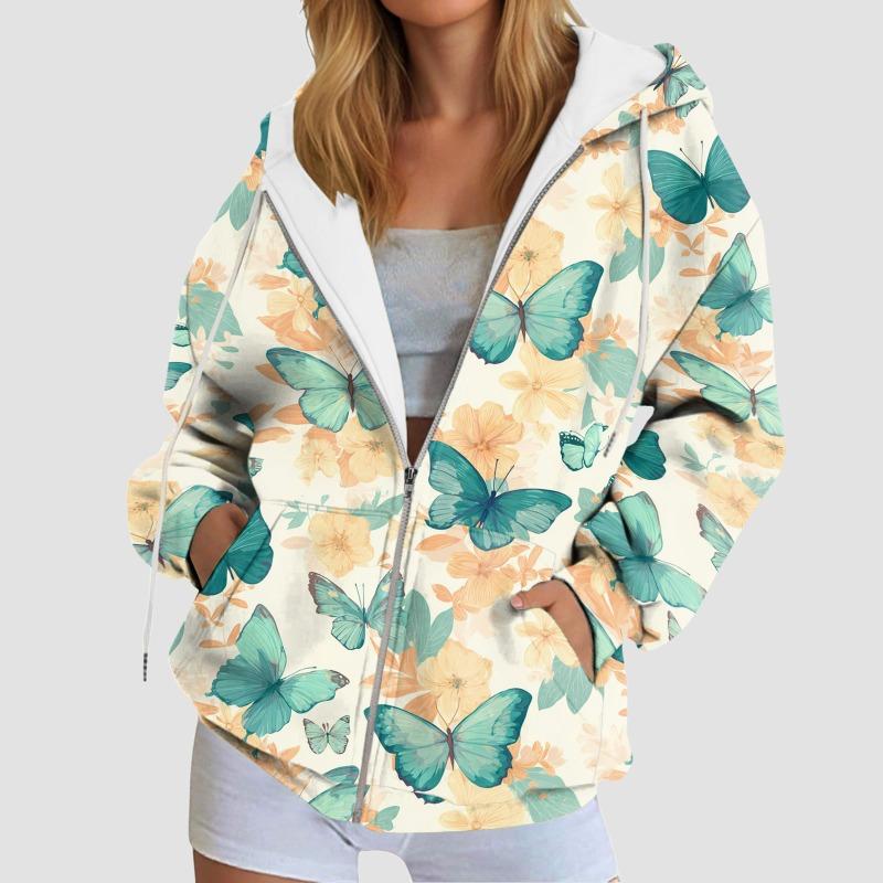 Graphic Stylish Print Women'S Hooded Sweatshirt Oversized Zipper Cardigan With Pocket Trendy Long-Sleeve Casual Hoodie Jacket
