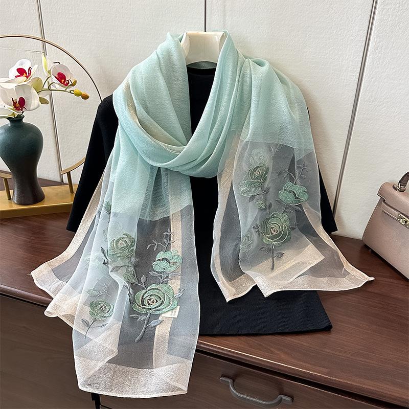 Simulation Silk Handmade Embroidered Scarf Spring And Autumn High-End Foreign Silk Scarf Femininity Easy To Match Decorative Shawl