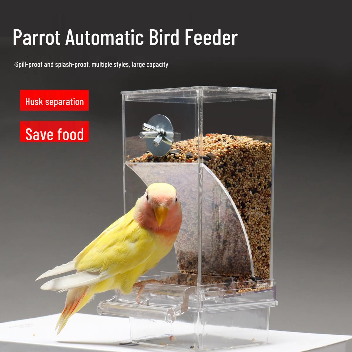 Tiger Skin Budgerigar Peony Parrot Bird Feeder - Anti-Spill, Anti-Splash Automatic Feeder Dispenser (New Model). Transparent [No Box]