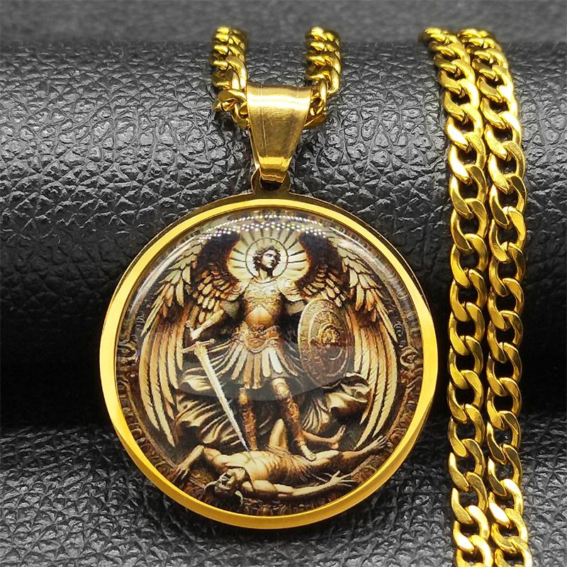 SAINT MICHAEL PROTECT US Archangel Stainless Steel Round Glass Medal Pendant Necklace for Women Men Gold Color Chain Jewelry