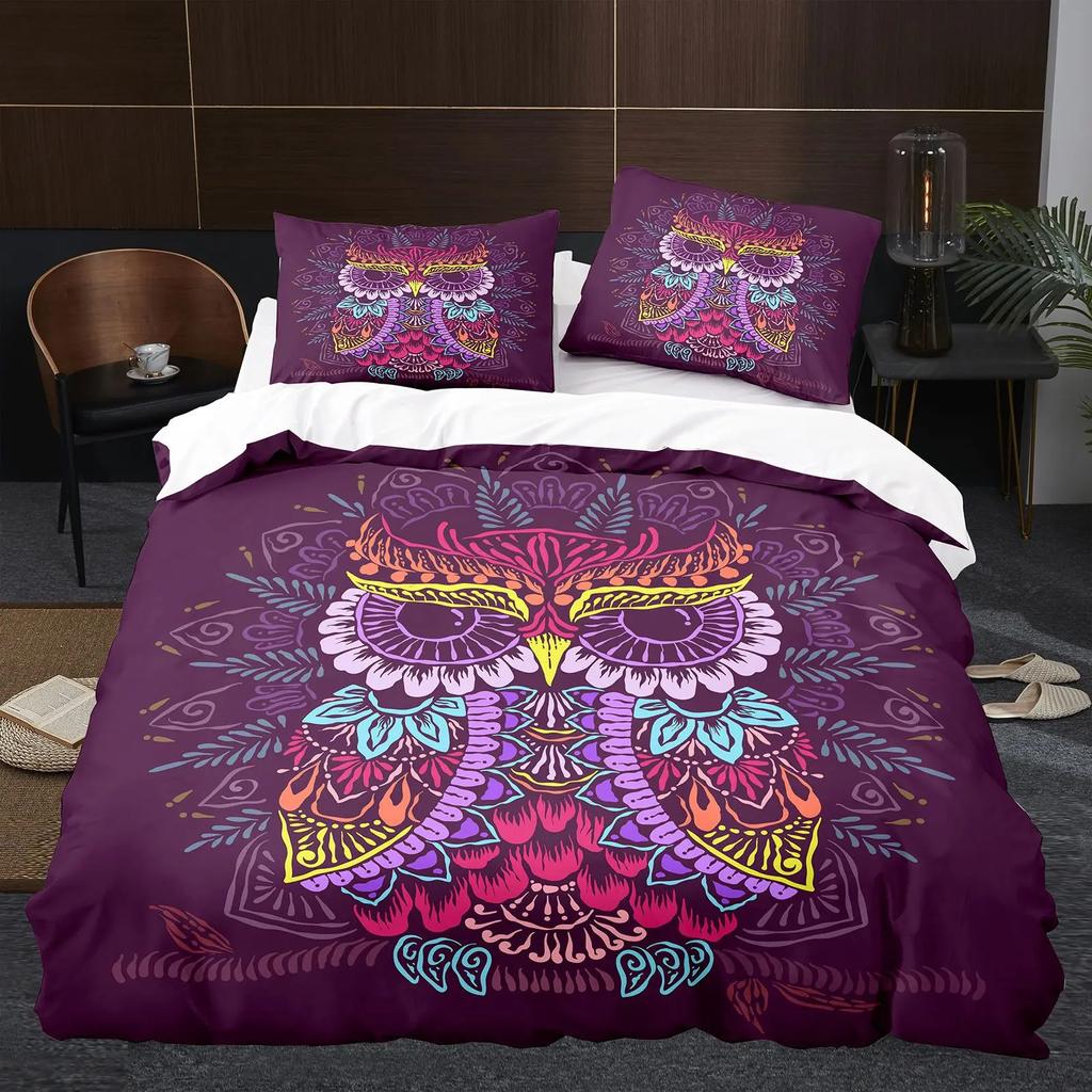 Owl Duvet Cover Set 3D Safari Wildlife Print Comforter Cover Bird Animal Personalized Nighthawk Queen Size Polyester Quilt Cover