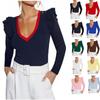 Dames V-hals Gebreide Top met Ruches op de Schouders Lange Mouwen Slim Fit Korte Lengte Pullover Trui Lichtgewicht Elastische Stof