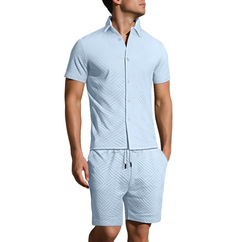 Summer hot sale new men's solid color jacquard shirt casual short-sleeved shorts two-piece set