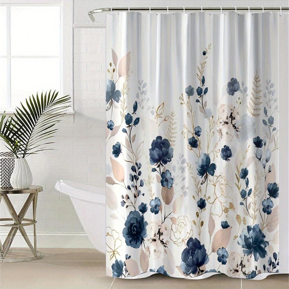 1Pc Of Blue Floral Digital Print Waterproof Polyester Shower Curtain, No Drilling Required, Bathroom Partition Curtain.