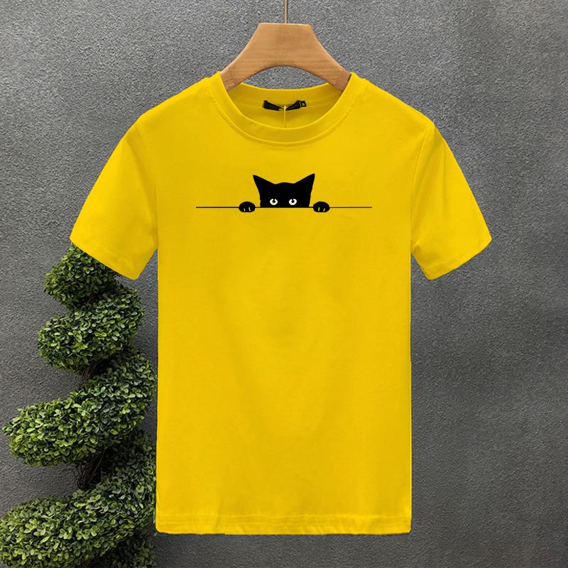 Men's Summer Cotton Fashionable Casual Loose Large Cute Cat Pattern Printed Round Neck Short Sleeve T-shirt Top