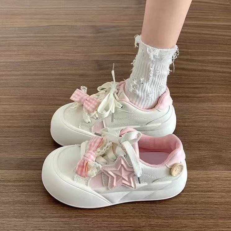 Plateau-Sneaker mit Schleife, süß, lässig, Herbst, neu, süße Sterne, flache Sohle