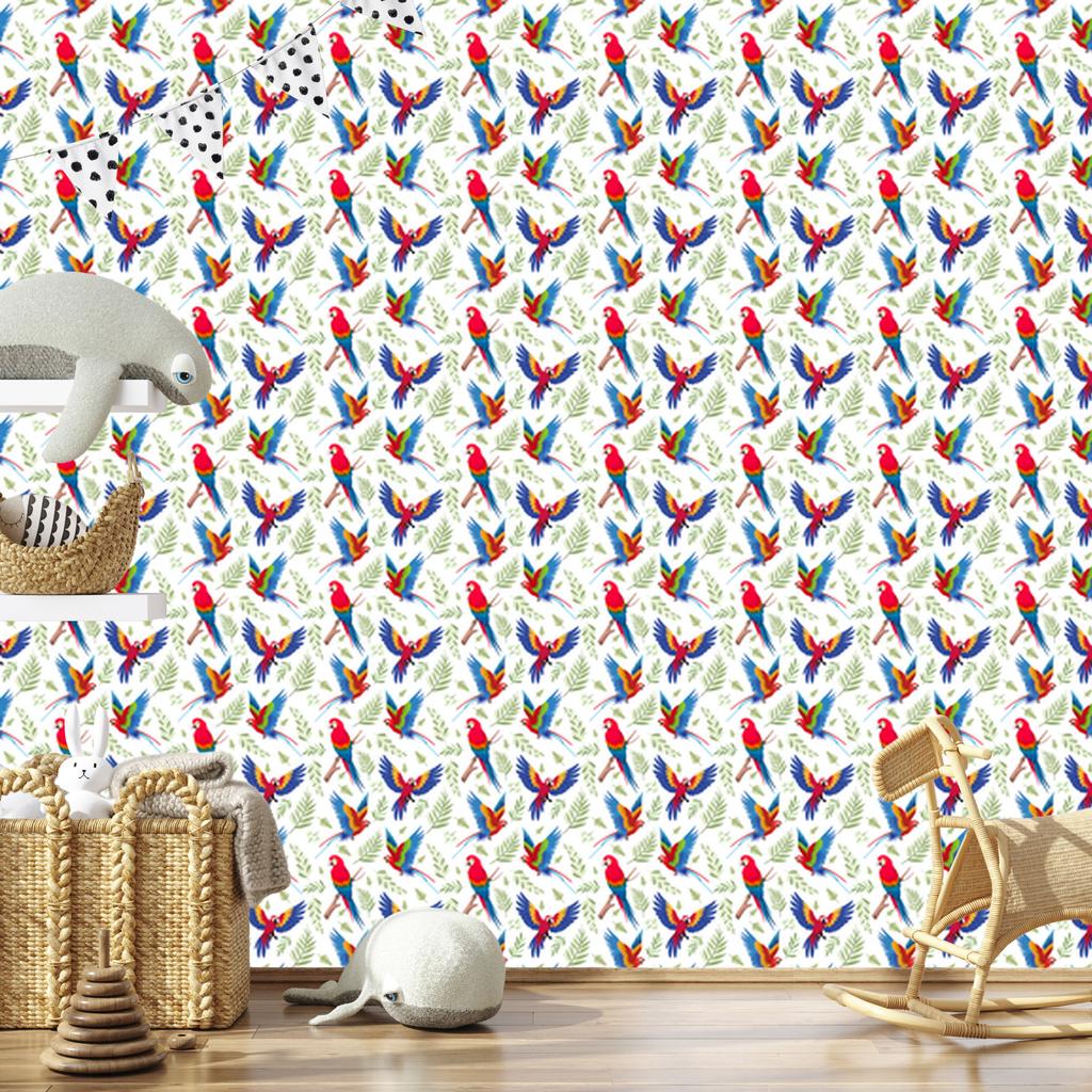 Parrots Wallpaper White and Blue for Living Room and Bedroom 50x1000