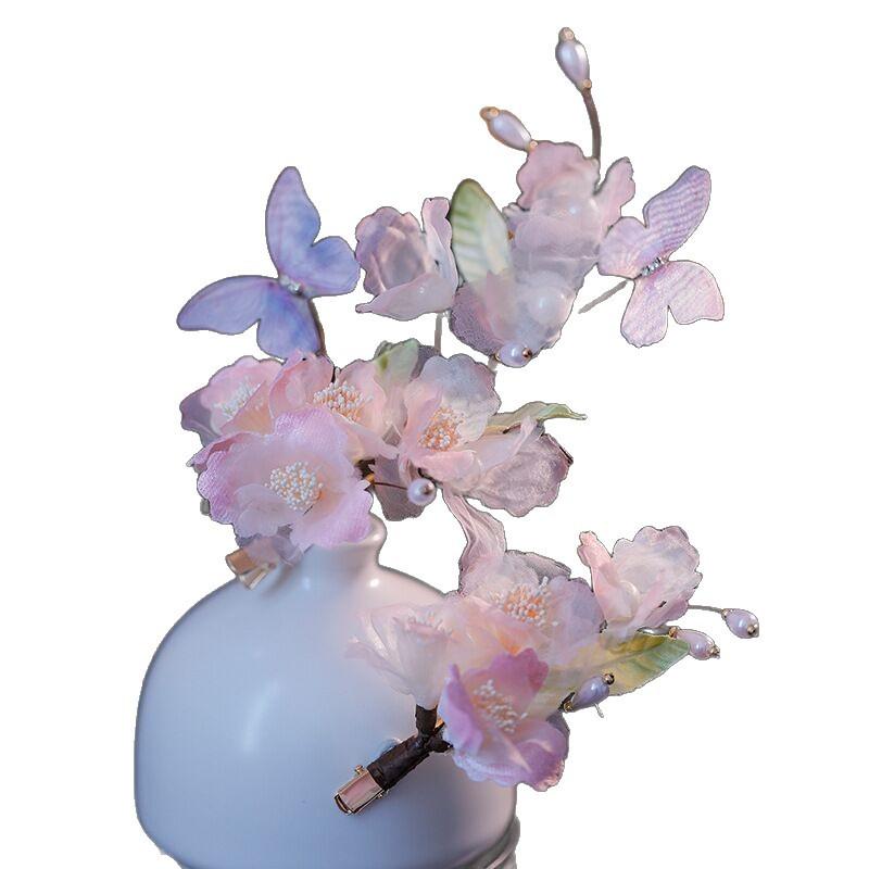 Pink Hanfu Hair Accessories Women's Full Set of Hairpins Tassel Back Pressure Ancient Cherry Blossom Hairpin Tang Mask Hairpin Headdress