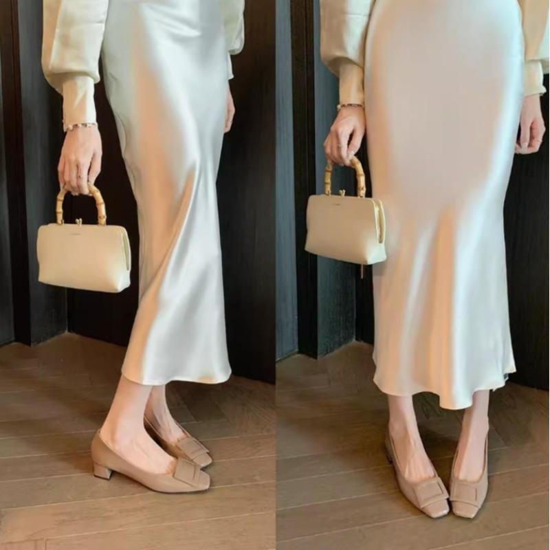 Sheepskin version~ genuine leather square head square buckle shallow mouth ol commuting thick heel single shoes women's high heels wedding shoes