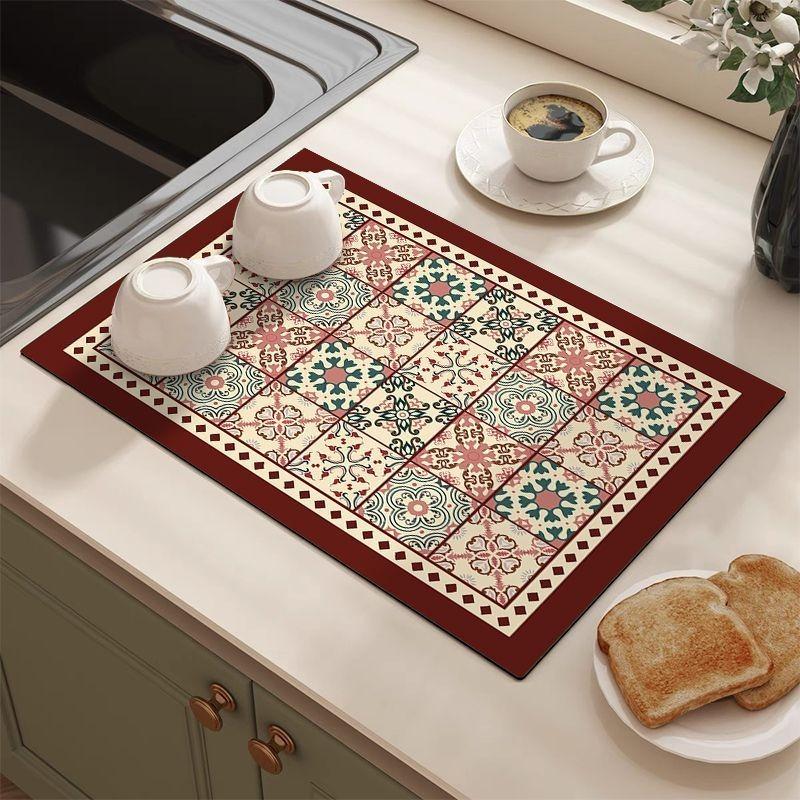 Retro Tile Pattern Absorbent Draining Mat Antiskid Quick Dry Kitchen Coffee Dish Drying Pad Farmhouse Cottage Style