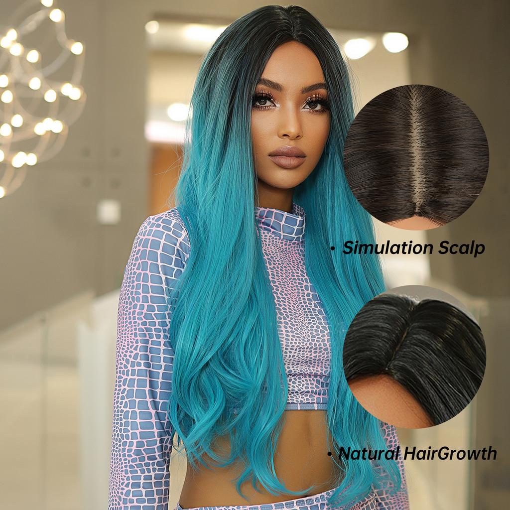 Dlouhá vlnitá Cosplay paruka Body Wave Modrá Ombre Syntetické paruky Přírodní vlasy Tmavý kořen pro ženu Vánoční večírek Použití Odolné vůči teplu
