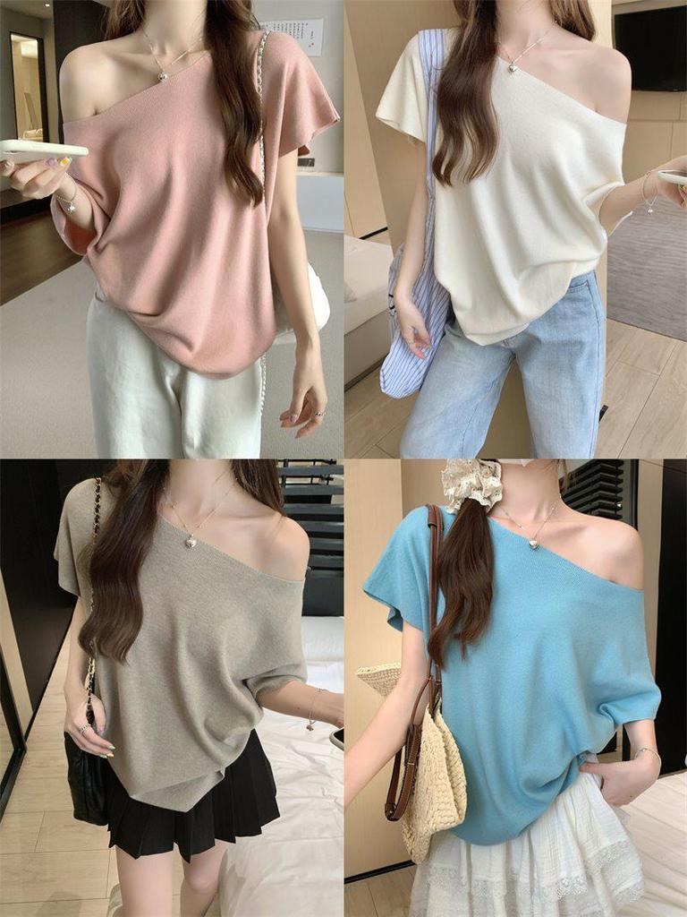 Women's Off-the-Shoulder Batwing Sleeve Knit Top - Summer 2025 Loose Slim Fit