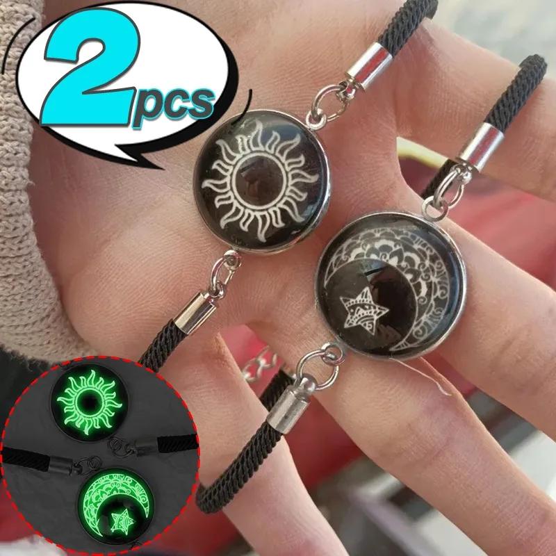 2pcs Luminous Sun Moon Braided Bracelets for Lovers Adjustable Couple Bracelets Fashion Valentine's Day Jewelry Girlfriend Gifts