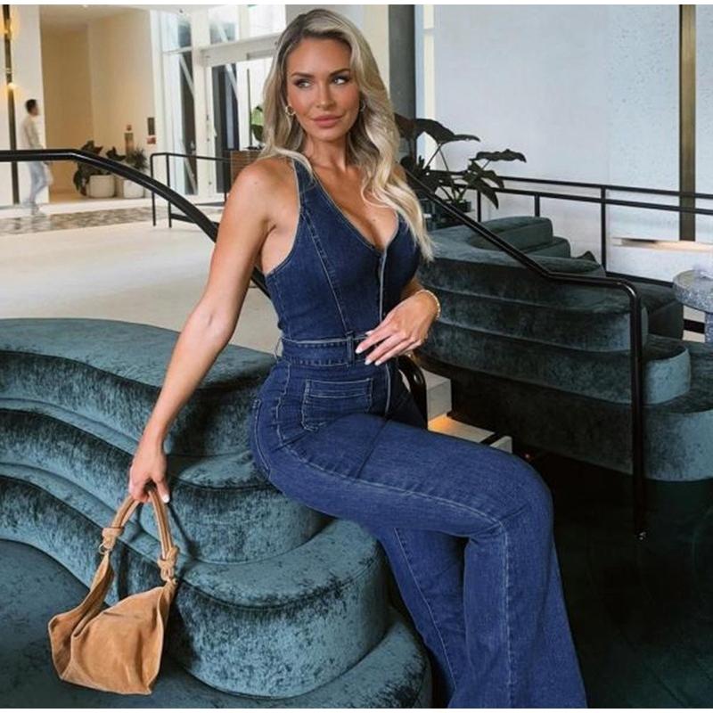 Women's Sleeveless Hanging Neck Denim Jumpsuit Summer New Outfit Slim Fit Denim Pants New Fashion Style Lady Strapless Sleeveless Blue Jumpsuits