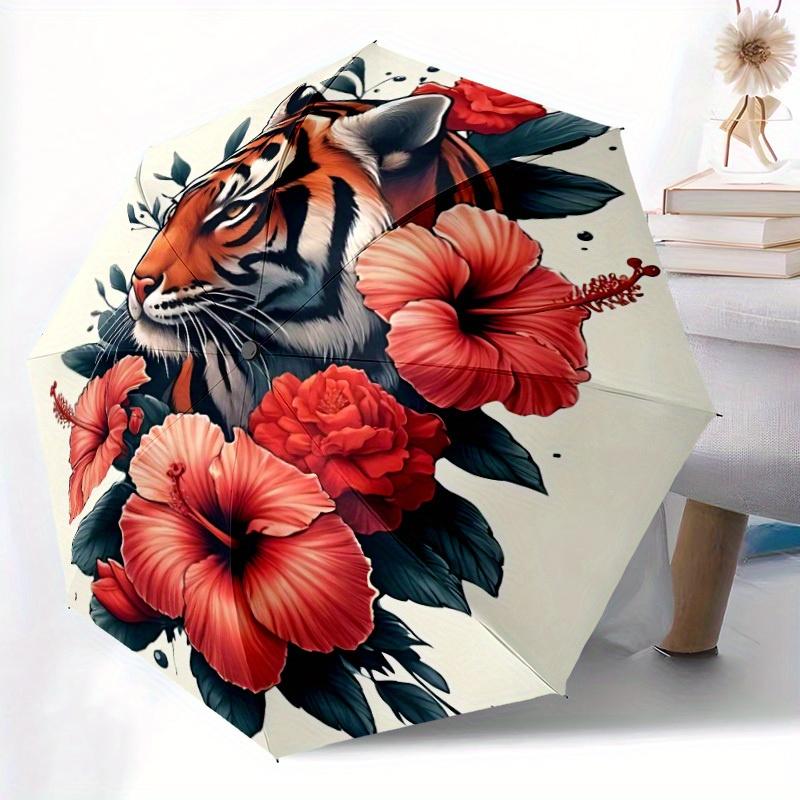 1pc Tiger Floral Print Automatic Open/close, All-Season Portable Folding Umbrella for Friends, Travel, Everyday yy250812213