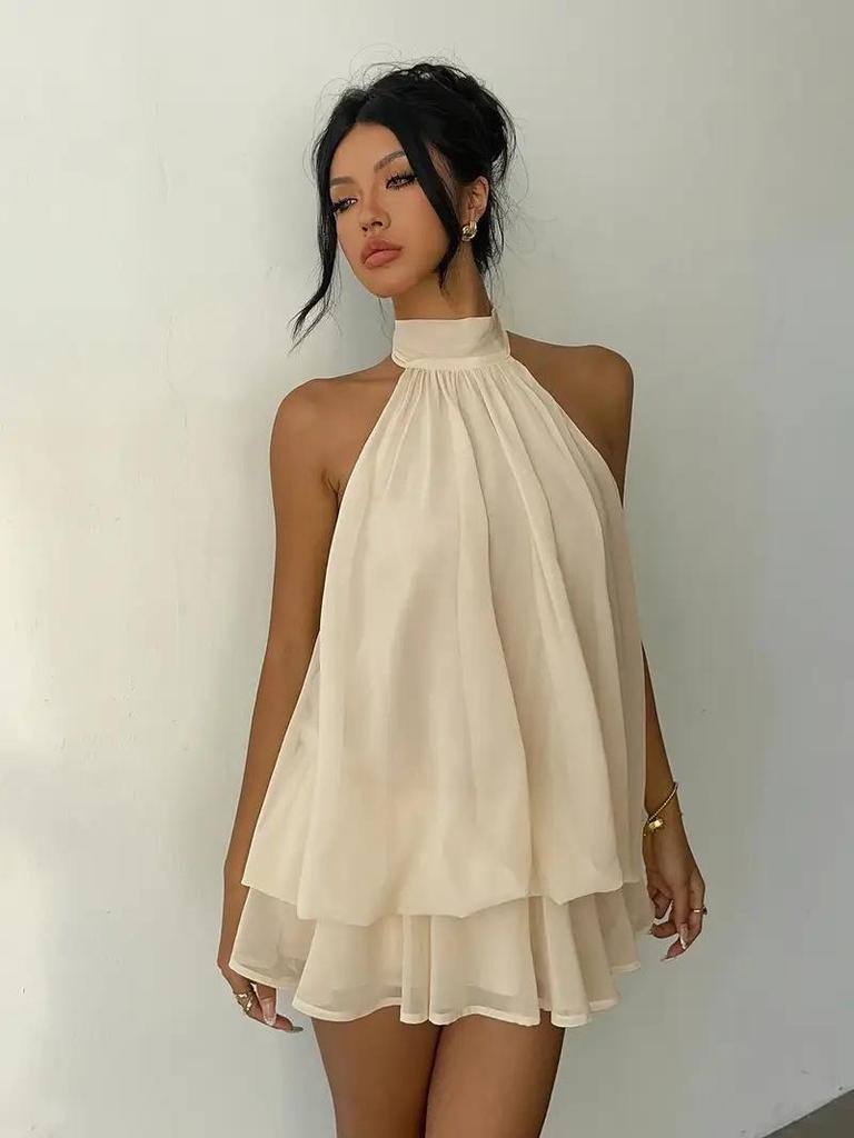 Cross-Border Women's Sexy Backless Halter Top & Fluffy Short Skirt Dress