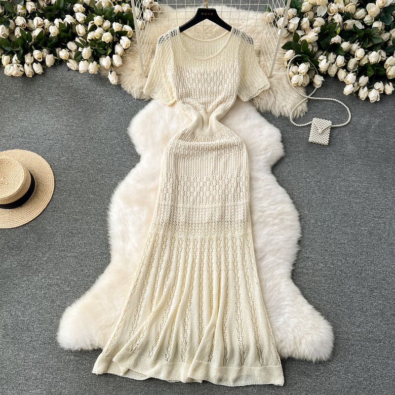 

Korean Style Wear Gentle Retro Crocheted Cut Out Knitting Short Sleeve Dress Women s Silm Long Mermaid Dress Summer Apricot color One size