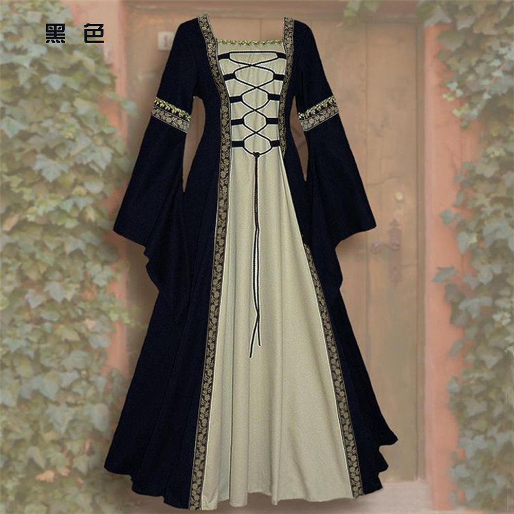 Women Medieval Renaissance Gown Square Neck Bell Long Sleeve Lace Up Contrast Trim Maxi Dress S-5XL Plus Size