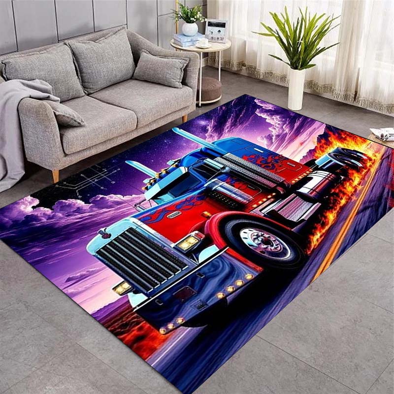 Cool Red Blue Heavy Truck Fire Galaxy Sky Print Area Rug Non‑Slip Rectangular Floor Mat Home Decor