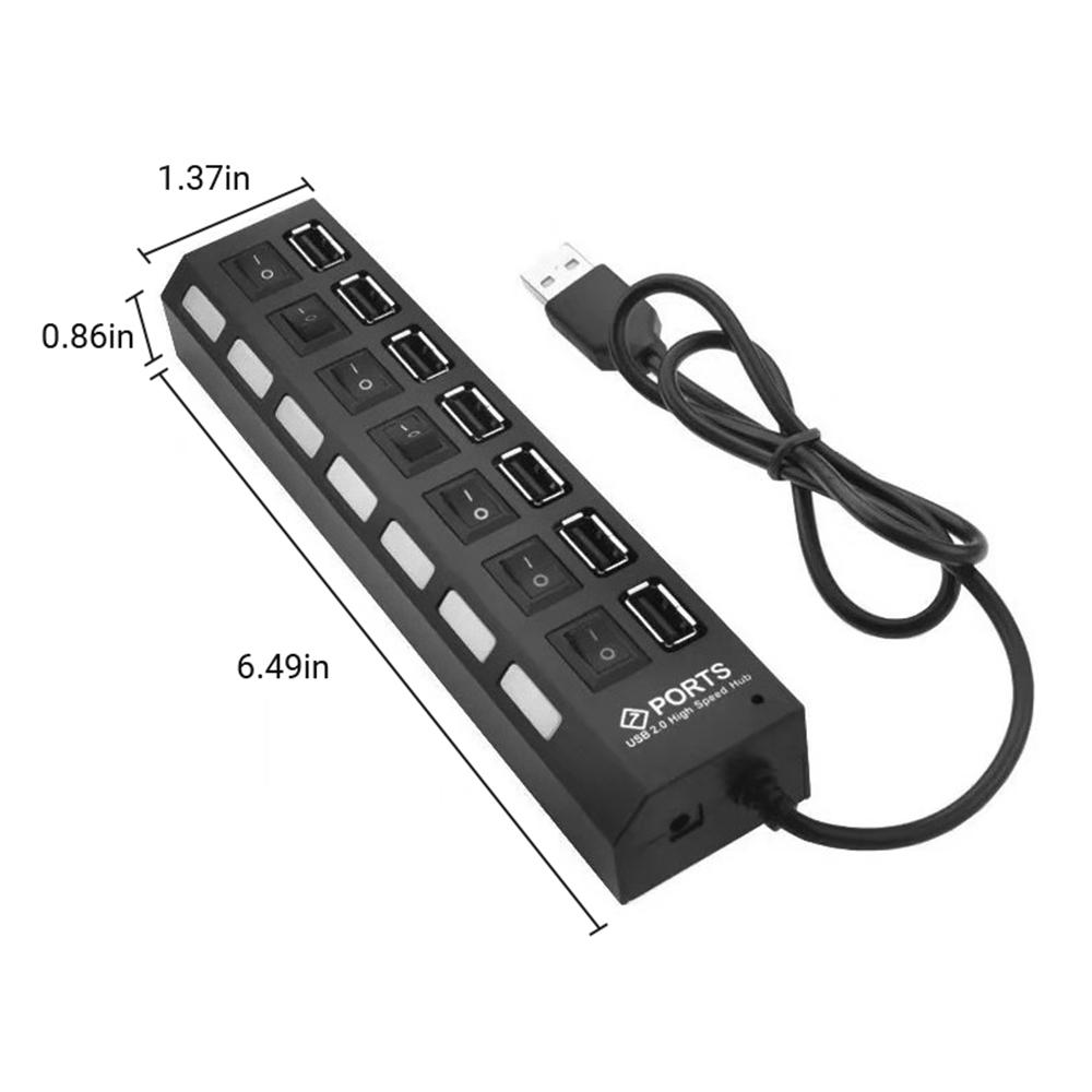 7 Ports USB Hub Splitter with On/Off Switches Long Cord for Laptop Desktop PC Computer Data Transfer