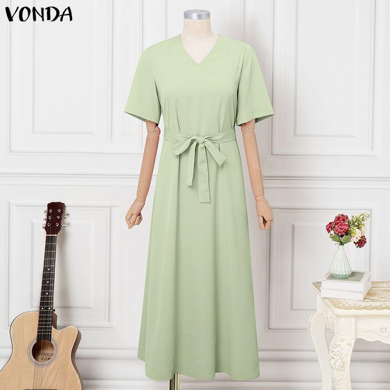 VONDA Summer Women Short Sleeve V Neck Solid Bandage Casual Long Maix Dress