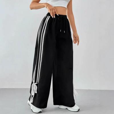 2025 Women's Contrast Casual Wide-Leg Pants - European & American Trendy Style, Slim High Waist for Spring/Summer