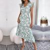 Summer Women Floral High Waist Sleeveless V Neck Holiday Dress Wood Ear Edge Design