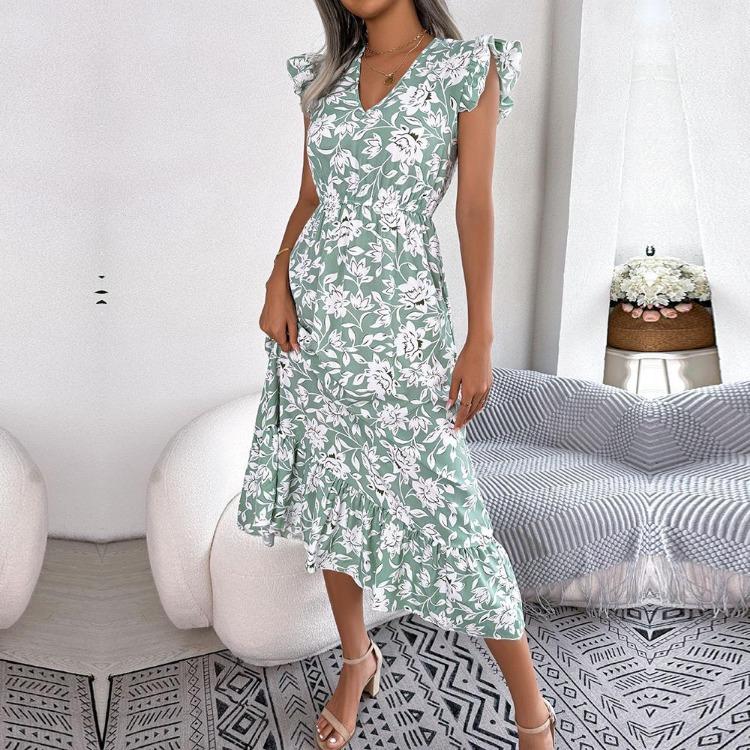 Summer Women Floral High Waist Sleeveless V Neck Holiday Dress Wood Ear Edge Design